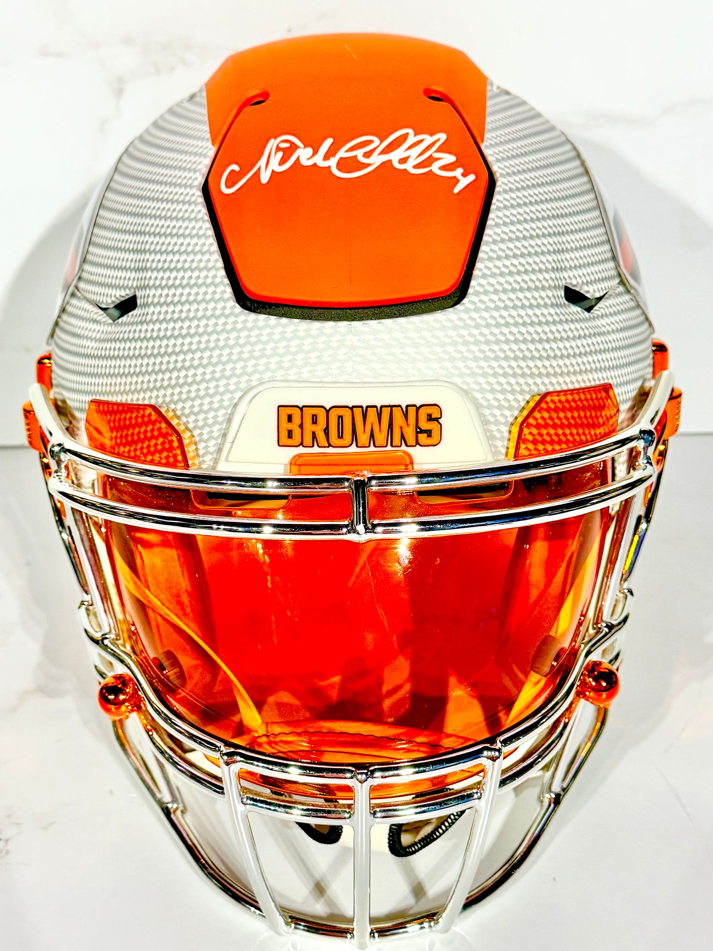 Nick Chubb Signed Browns Hydro Dipped Speedflex Chrome Facemask with Visor and Extras Beckett Certified