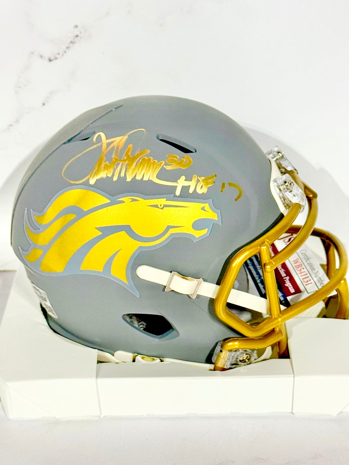 Terrell Davis Signed Broncos Slate Mini Helmet “HOF 17”JSA Certified