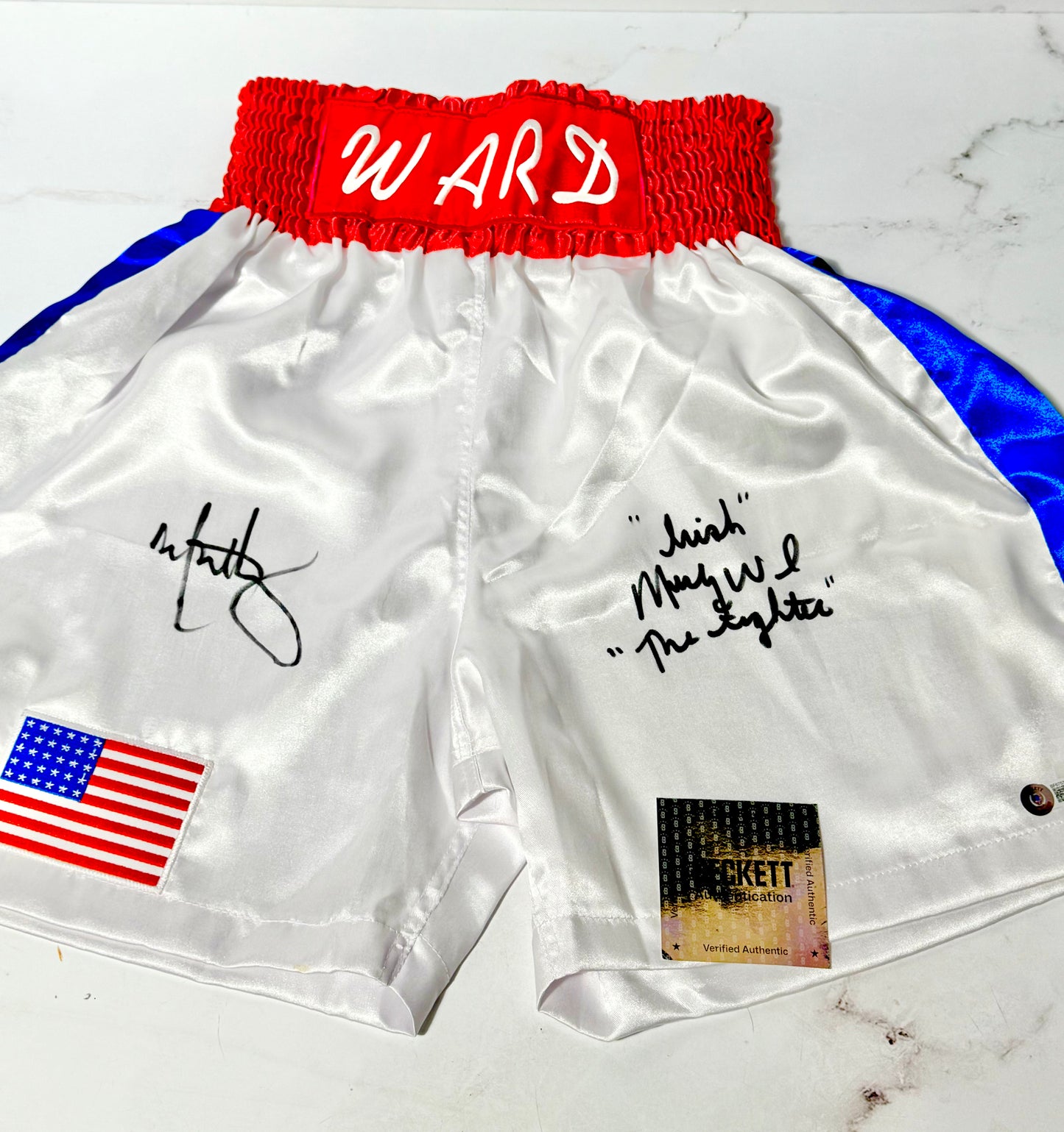 Mark Wahlberg & “Irish” Mike Ward Signed Boxing Trunks (Irish & The Fighter) Beckett Certified