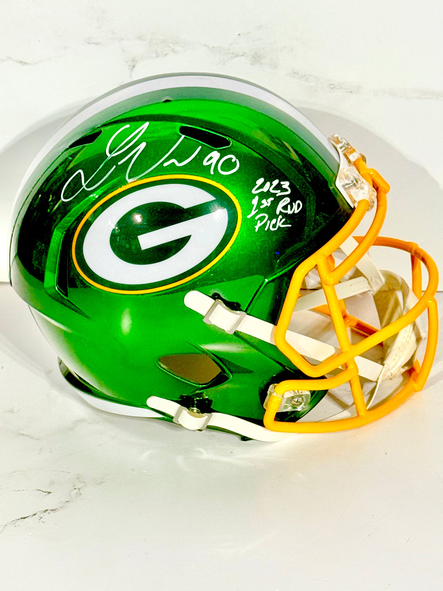 Lukas Van-Ness assigned Packers Flash Full Size Replica Helmet “2023 1rd Pick” Beckett Certified