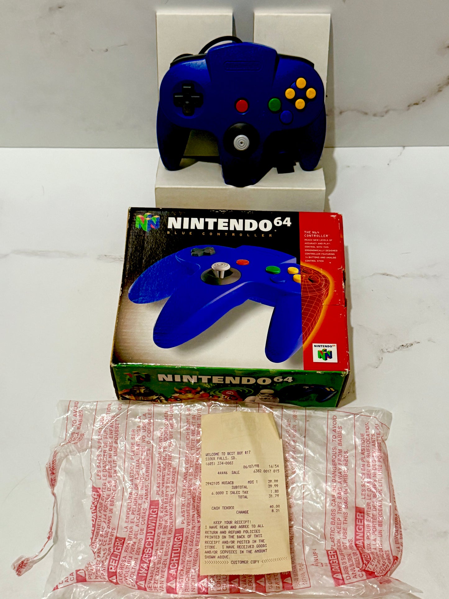 N64 Blue Controller CIB Nintendo 64 w/ Original 1998 Best Buy Receipt