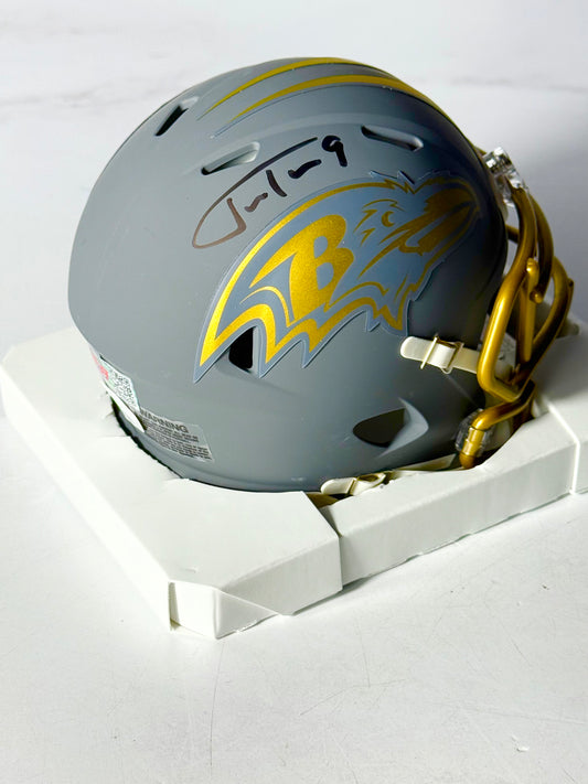 Justin Tucker Signed Ravens Slate Mini Helmet JSA Certified