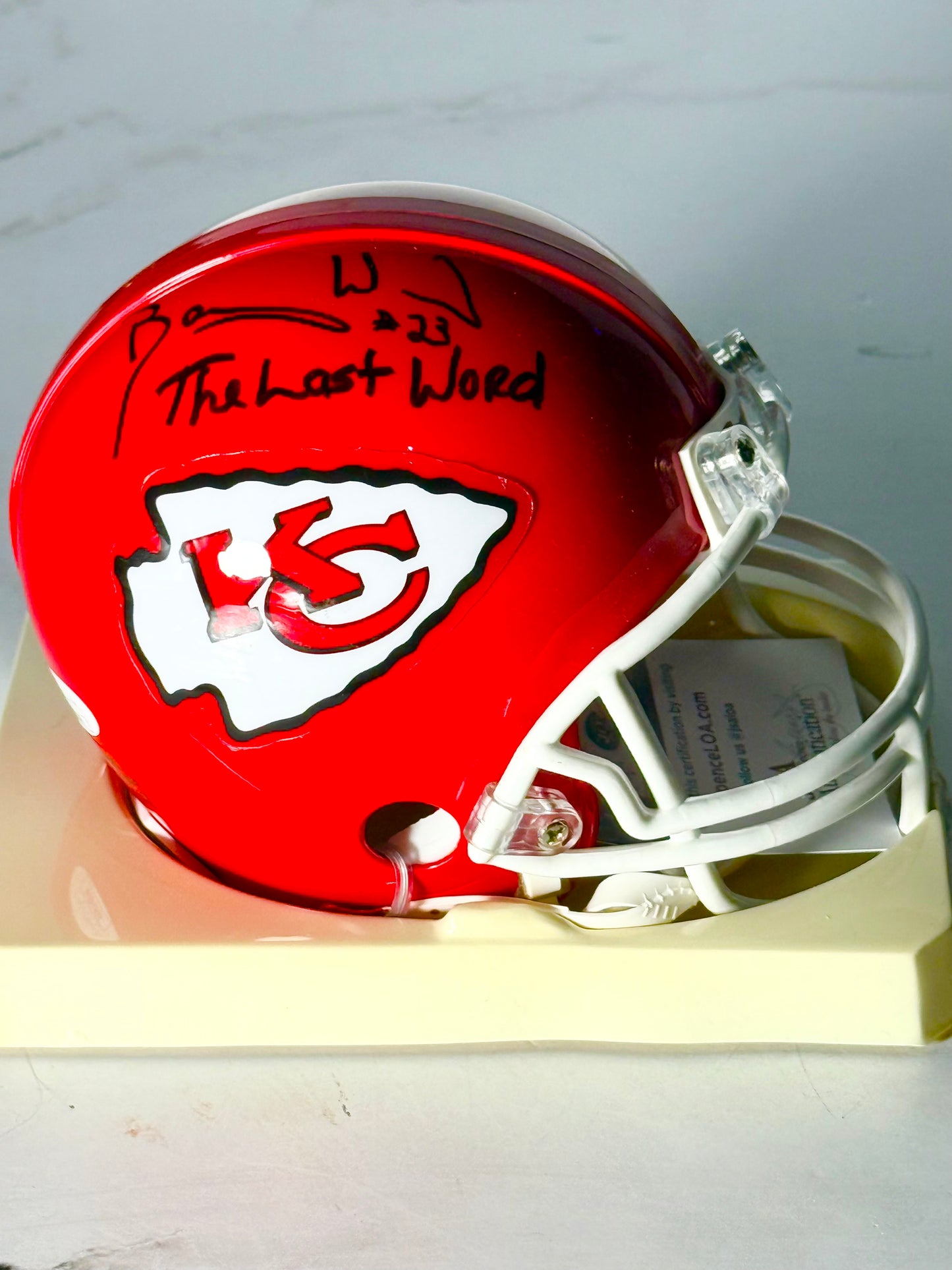 Christian Okoye & Barry Word (inscribed) Signed Chiefs Mini Helmet