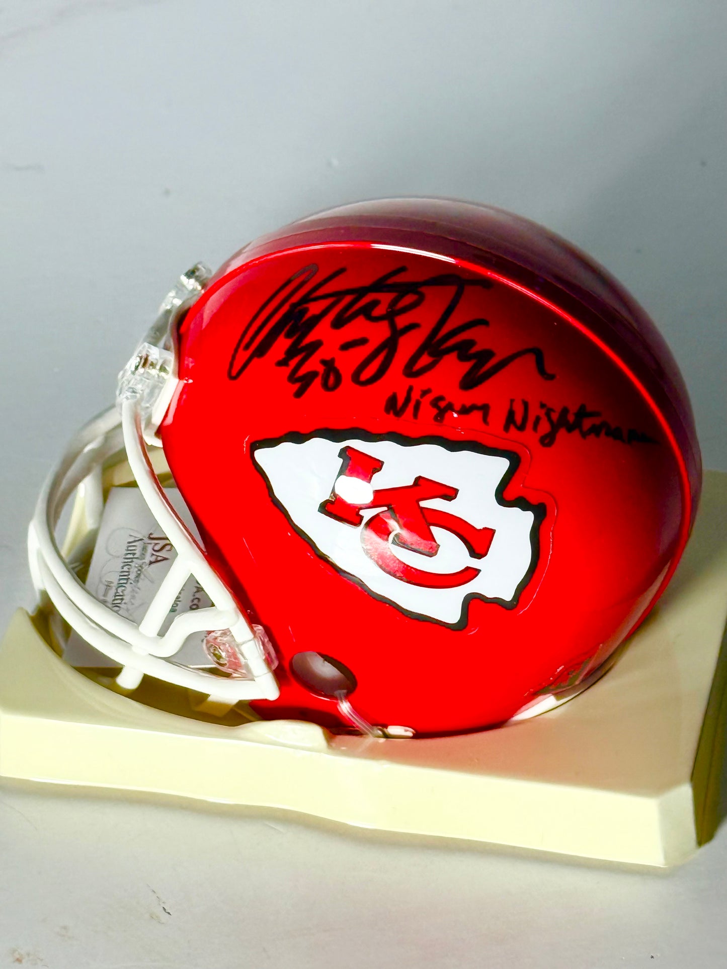 Christian Okoye & Barry Word (inscribed) Signed Chiefs Mini Helmet