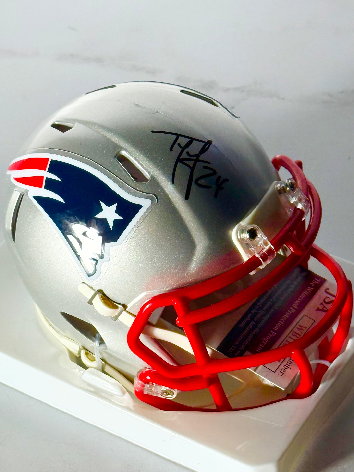 Ty Law Signed Patriots Mini Helmet JSA Certified