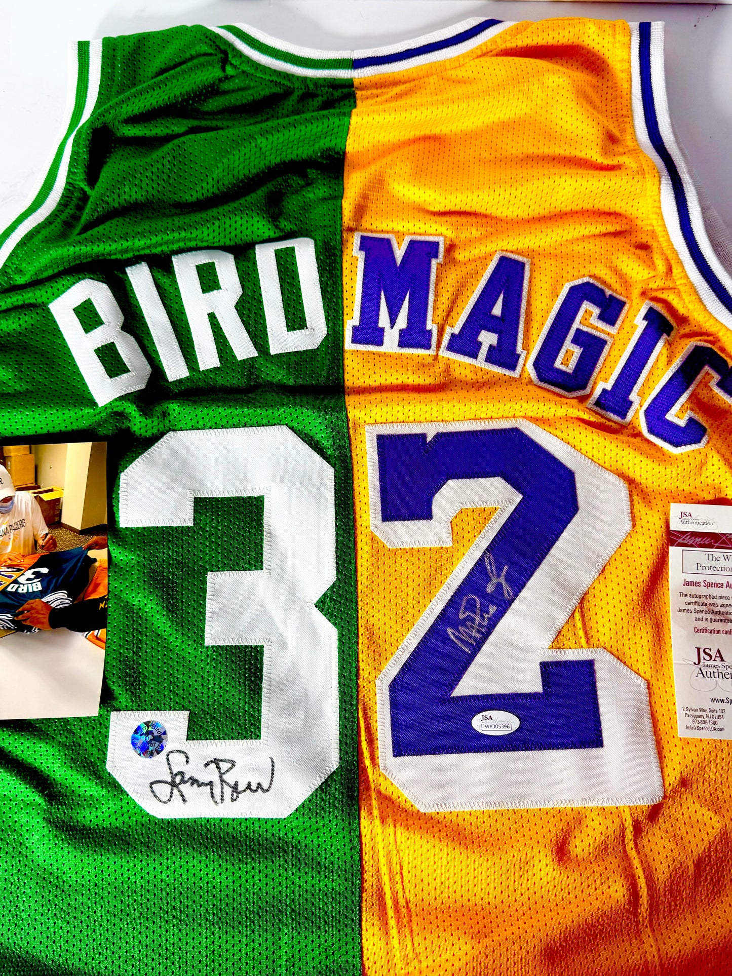 Larry Bird & Magic Johnson Signed Split Celtics Lakers Jersey Bird & JSA Certified