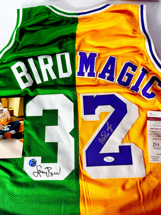 Larry Bird & Magic Johnson Signed Split Celtics Lakers Jersey Bird & JSA Certified